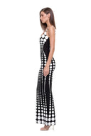 Side view of the Oria White/Black gown with raised white dots on a black base.