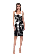 Oria hand-painted dot knee-length dress in White/Black, front view showing the square neckline and graduated dot pattern