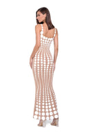Back three-quarter view of the Oria White/Nude gown with a scooped back and floor-length hem.