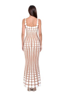 Oria hand-painted dot gown in White/Nude, back view showing the scooped back and graduated dot pattern