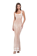 Front view of the Oria White/Nude hand-painted dot gown, showing its fitted shape and flared hem.