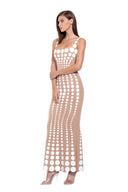 Front three-quarter view of the Oria White/Nude gown with raised white dots on a nude base.