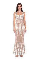 Oria hand-painted dot gown in White/Nude, front view showing the square neckline and flared floor-length hem