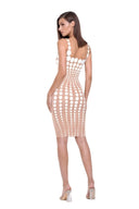 Oria hand-painted dot knee-length dress in White/Nude, back three-quarter view