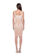 Oria hand-painted dot knee-length dress in White/Nude, back view showing the scooped back and graduated dot pattern