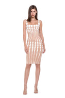 Oria hand-painted dot knee-length dress in White/Nude, front view showing the square neckline and graduated dot pattern