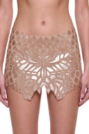 Serica hand-painted mini skirt in Metallic Gold, close-up of the front motif and shaped hem