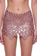 Serica hand-painted mini skirt in Metallic Rose, close-up of the front motif and shaped hem