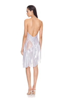 Back view of the metallic silver Silver Moon chain-halter wetlook midi dress, showing the garment silhouette and back detailing.