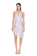 Alternate front view of the metallic silver Silver Moon chain-halter wetlook midi dress, showing a halter neckline, draped folds and a pointed hem.