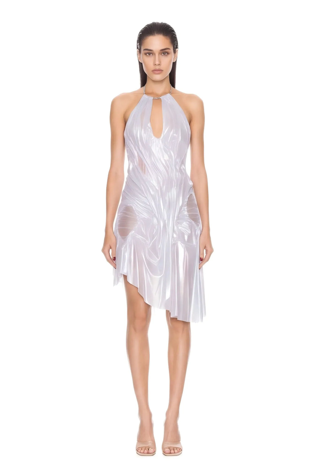 Front view of the metallic silver Silver Moon chain-halter wetlook midi dress, showing a halter neckline, draped folds and a pointed hem.
