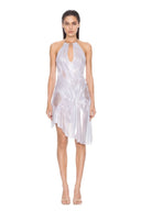Front view of the metallic silver Silver Moon chain-halter wetlook midi dress, showing a halter neckline, draped folds and a pointed hem.
