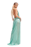 Back side view of the Siren mint green wetlook dress with low open back and draped floor-length silhouette