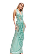 Front view of the Siren wetlook maxi dress with deep cowl neckline, hand-draped folds and sheer cutout panels