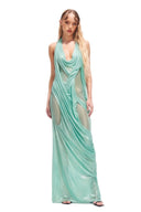 Siren mint green wetlook long dress with halter neckline, deep draped front and floor-length silhouette