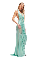 Side front view of the Siren mint green wetlook maxi dress with fluid draping and sheer side panel
