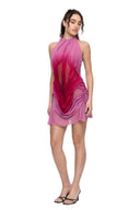 Angled front view of the Solara sunset ombre draped mini dress with sculptural wetlook folds