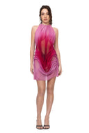 Solara sunset gradient wetlook mini dress front view with hand-draped ombre mesh and sheer illusion panel