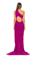 Back view of the fuchsia Venus wet look gown, showing the garment silhouette and back detailing.