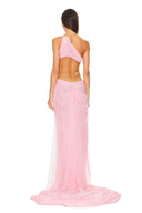 Back view of the light pink Venus wet look gown, showing the garment silhouette and back detailing.