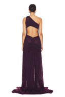 Back view of the modena purple Venus wet look gown, showing the garment silhouette and back detailing.