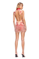Back view of the Vespera Lace Illusion Mini Dress in Red Combo showing the dramatic open back and high neckline