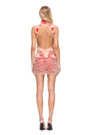 Full back view of the Vespera Lace Illusion Mini Dress in Red Combo with backless silhouette, nude mesh overlay and red lace accents
