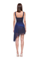 Virelle floral asymmetric mini dress in Blue Ombre, back view showing the shoulder straps, low straight neckline and gathered asymmetric skirt