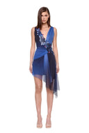 Virelle floral asymmetric mini dress in Blue Ombre, front view showing the deep V neckline, diagonal floral detail and asymmetric draped hem