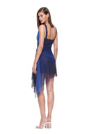 Virelle floral asymmetric mini dress in Blue Ombre, three quarter back view showing the low back, gathered waist and draped hem