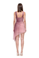 Virelle floral asymmetric mini dress in Bordo Ombre, back view showing the shoulder straps, low straight neckline and gathered asymmetric skirt