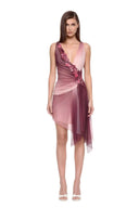 Virelle floral asymmetric mini dress in Bordo Ombre, front view showing the deep V neckline, diagonal floral detail and asymmetric draped hem