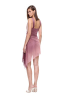 Virelle floral asymmetric mini dress in Bordo Ombre, three quarter back view showing the low back, gathered waist and draped hem