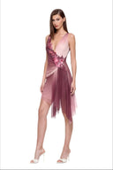 Virelle floral asymmetric mini dress in Bordo Ombre, three quarter front view showing the deep V neckline, hand-painted floral detail and cascading hem