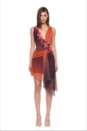 Virelle floral asymmetric mini dress in Orange Ombre, front view showing the deep V neckline, diagonal floral detail and asymmetric draped hem