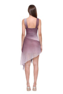 Virelle floral asymmetric mini dress in Plum Ombre, back view showing the shoulder straps, low straight neckline and gathered asymmetric skirt