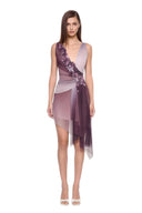 Virelle floral asymmetric mini dress in Plum Ombre, front view showing the deep V neckline, diagonal floral detail and asymmetric draped hem