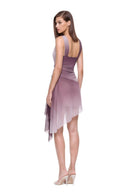 Virelle floral asymmetric mini dress in Plum Ombre, three quarter back view showing the low back, gathered waist and draped hem