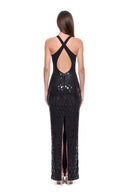 Zyra 3D hand-painted V-neck gown in Black, back view showing crossed straps, an open back and the center-back hem slit