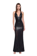 Zyra 3D hand-painted V-neck gown in Black, front view showing the deep V neckline and raised scale motifs