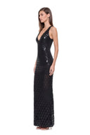 Zyra hand-painted V-neck gown in Black, side view showing glossy scale motifs and the fitted floor-length silhouette