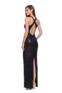 Zyra hand-painted V-neck gown in Black, three-quarter back view showing crossed straps and the rear hem slit