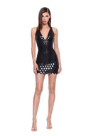 Zyra hand-painted dragon-scale V-neck mini dress in Black, front view showing the deep V neckline and fitted silhouette