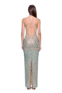 Zyra 3D hand-painted V-neck gown in Metallic Aqua, back view showing crossed straps, an open back and the center-back hem slit