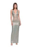 Zyra 3D hand-painted V-neck gown in Metallic Aqua, front view showing the deep V neckline and raised scale motifs