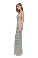 Zyra hand-painted V-neck gown in Metallic Aqua, side view showing the fitted silhouette and floor-length hem