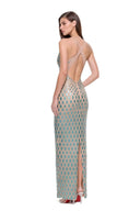 Zyra hand-painted V-neck gown in Metallic Aqua, three-quarter back view showing crossed straps and the center-back hem slit
