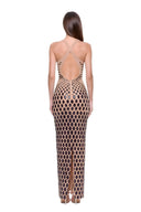 Zyra 3D hand-painted V-neck gown in Metallic Black, back view showing crossed straps, an open back and the center-back hem slit