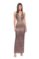 Zyra 3D hand-painted V-neck gown in Metallic Black, front view showing the deep V neckline and raised scale motifs
