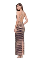 Zyra hand-painted V-neck gown in Metallic Black, three-quarter back view showing the open back and rear hem slit